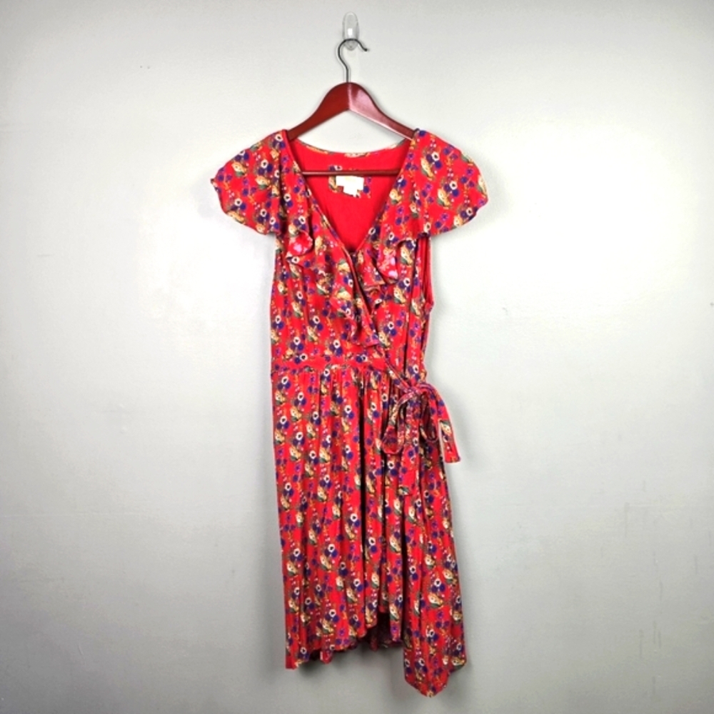 MAEVE BY ANTHROPOLOGIE Rosalia Wrap Dress Ruffled Floral Red Womens Size 12 - Picture 3 of 16
